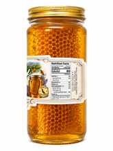 Load image into Gallery viewer, Nutrition facts and ingredient label on the back of a Farmbly Raw Honeycomb in Honey jar.
