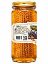 Load image into Gallery viewer, Side label of Farmbly Raw Honeycomb in Honey jar showing farm harvest details, barcode, and QR code.
